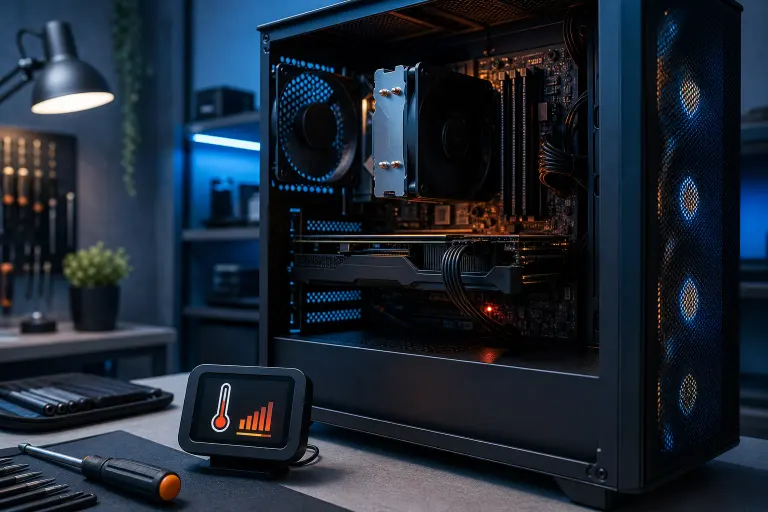 Open PC tower with CPU cooler and GPU on a workbench beside a small temperature/performance monitor display and screwdriver. Open PC tower with CPU cooler and GPU on a workbench beside a small temperature/performance monitor display and screwdriver.