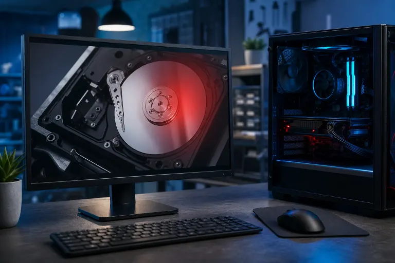 Monitor displaying a close-up of an open HDD with red warning glow, beside a RGB gaming PC tower on a dark desk. Monitor displaying a close-up of an open HDD with red warning glow, beside a RGB gaming PC tower on a dark desk.