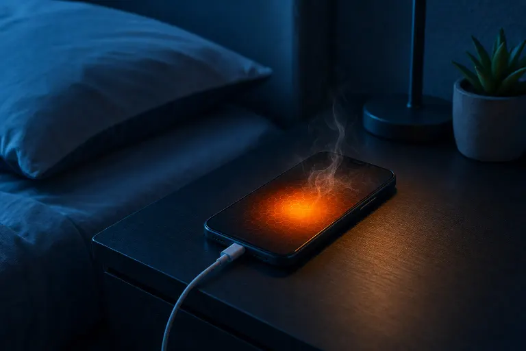 Smartphone charging on a nightstand, glowing orange with heat and smoke rising, beside a bed in a dark room. Smartphone charging on a nightstand, glowing orange with heat and smoke rising, beside a bed in a dark room.