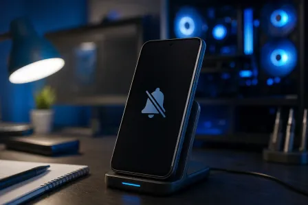 Smartphone on wireless charger displaying a muted/silenced bell icon, on a desk with a glowing gaming PC in background. Smartphone on wireless charger displaying a muted/silenced bell icon, on a desk with a glowing gaming PC in background.