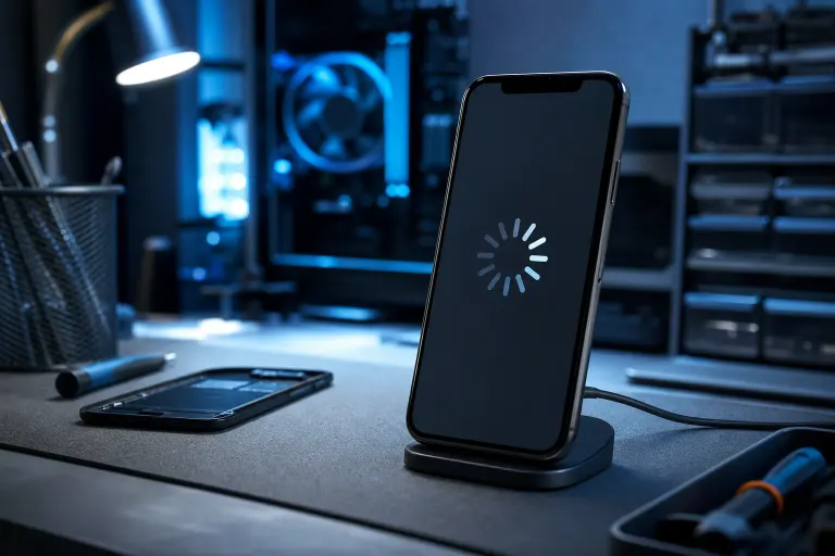 Smartphone on a dock displaying a loading spinner, surrounded by tech tools and blue-lit PC components on a dark desk. Smartphone on a dock displaying a loading spinner, surrounded by tech tools and blue-lit PC components on a dark desk.