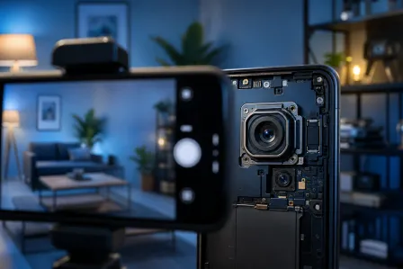 Smartphone with exposed internal camera module next to a phone on tripod capturing a living room scene in blue-toned lighting. Smartphone with exposed internal camera module next to a phone on tripod capturing a living room scene in blue-toned lighting.