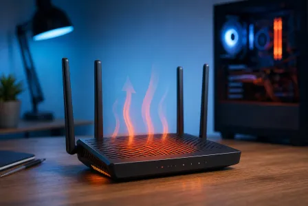 Black WiFi router with four antennas on a desk, emitting visible heat waves and orange flame-like glow from its surface.