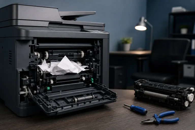 Open laser printer with jammed crumpled paper inside, toner cartridge and tools (screwdriver, pliers) on desk beside it. Open laser printer with jammed crumpled paper inside, toner cartridge and tools (screwdriver, pliers) on desk beside it.