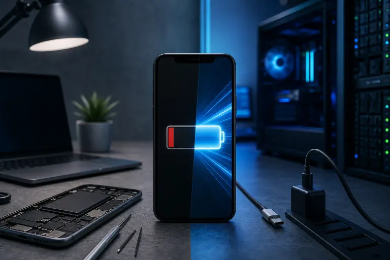 Smartphone on dark desk showing split low/full battery icon with blue light rays, charger and disassembled phone nearby. Smartphone on dark desk showing split low/full battery icon with blue light rays, charger and disassembled phone nearby.