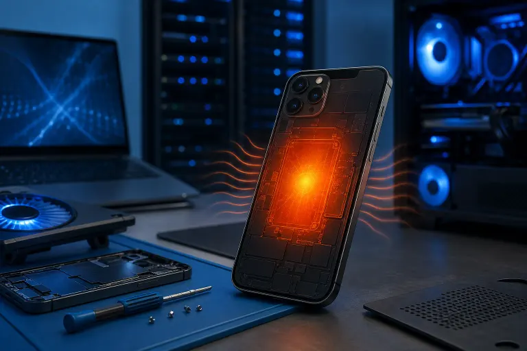 Smartphone shown from behind with glowing orange heat emanating from internal chip area, set in a dark tech workspace. Smartphone shown from behind with glowing orange heat emanating from internal chip area, set in a dark tech workspace.