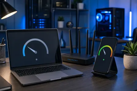Laptop and phone both showing speedometer gauges on a desk beside a Wi-Fi router, in a blue-lit tech setup. Laptop and phone both showing speedometer gauges on a desk beside a Wi-Fi router, in a blue-lit tech setup.