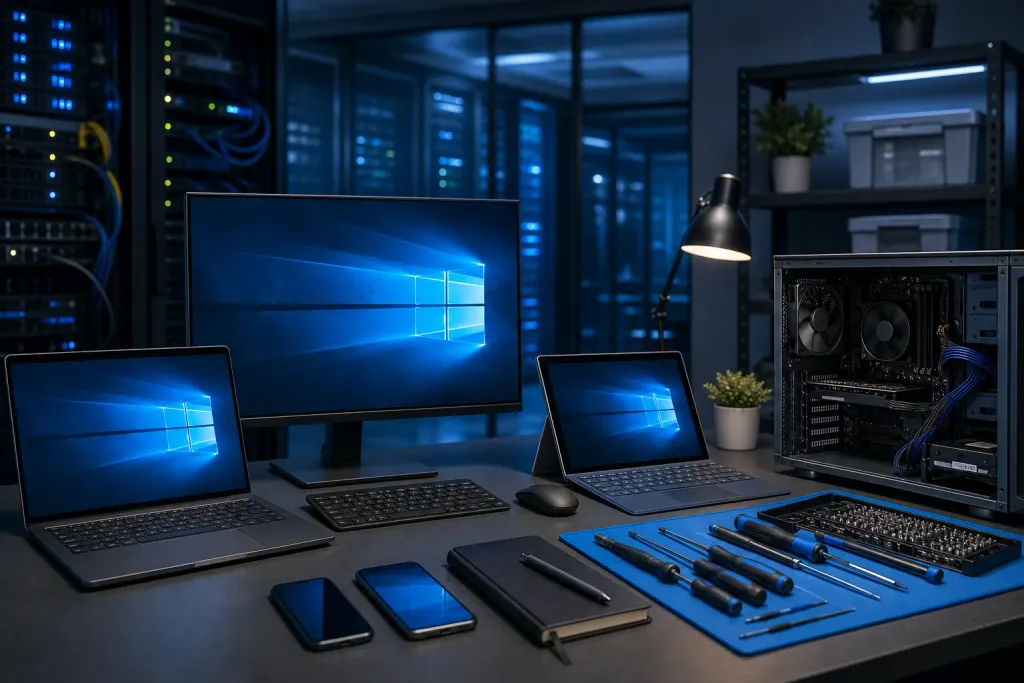 Desk with Windows 10 devices—monitor, laptop, tablet, phones—plus open PC case, repair tools, and server racks in background. Desk with Windows 10 devices—monitor, laptop, tablet, phones—plus open PC case, repair tools, and server racks in background.