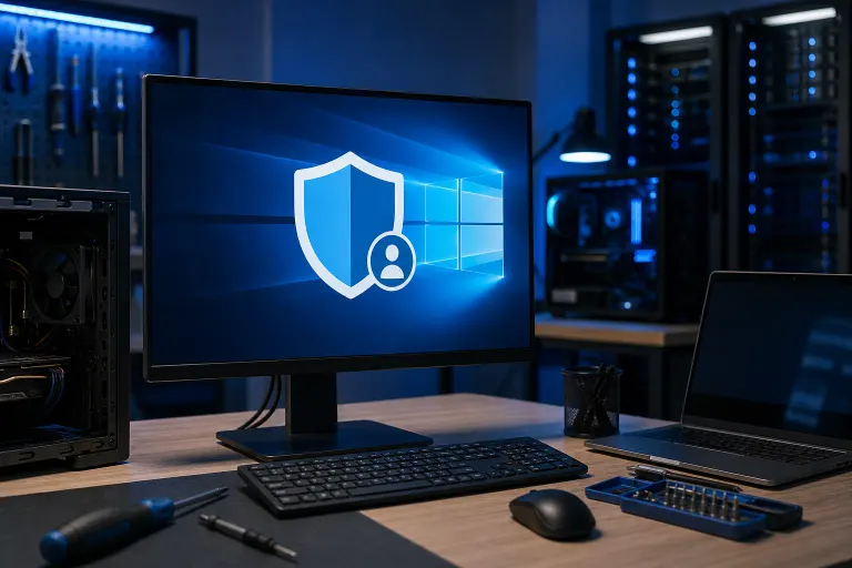 Desktop workstation with Windows shield and user icon on monitor, beside computer repair tools. Desktop workstation with Windows shield and user icon on monitor, beside computer repair tools.