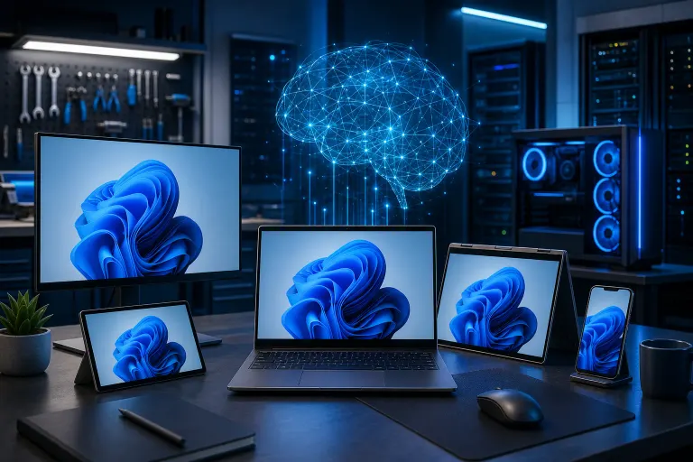 Multiple Windows 11 devices on a dark desk with a glowing neural network brain hologram floating above them. Multiple Windows 11 devices on a dark desk with a glowing neural network brain hologram floating above them.