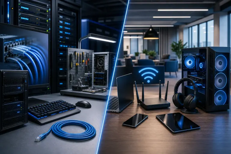 Split scene: left shows wired network setup with servers, cables, keyboard; right shows wireless router, laptop, phone, tablet, PC. Split scene: left shows wired network setup with servers, cables, keyboard; right shows wireless router, laptop, phone, tablet, PC.