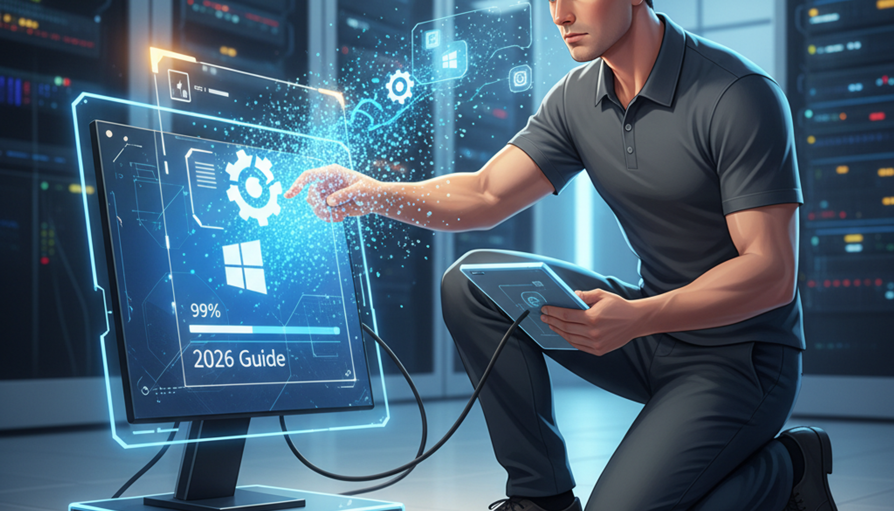 Computer technician fixing Windows update issues