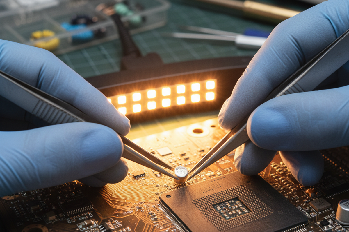 Skilled technician performing component-level repair on a computer motherboard in Palm Beach County