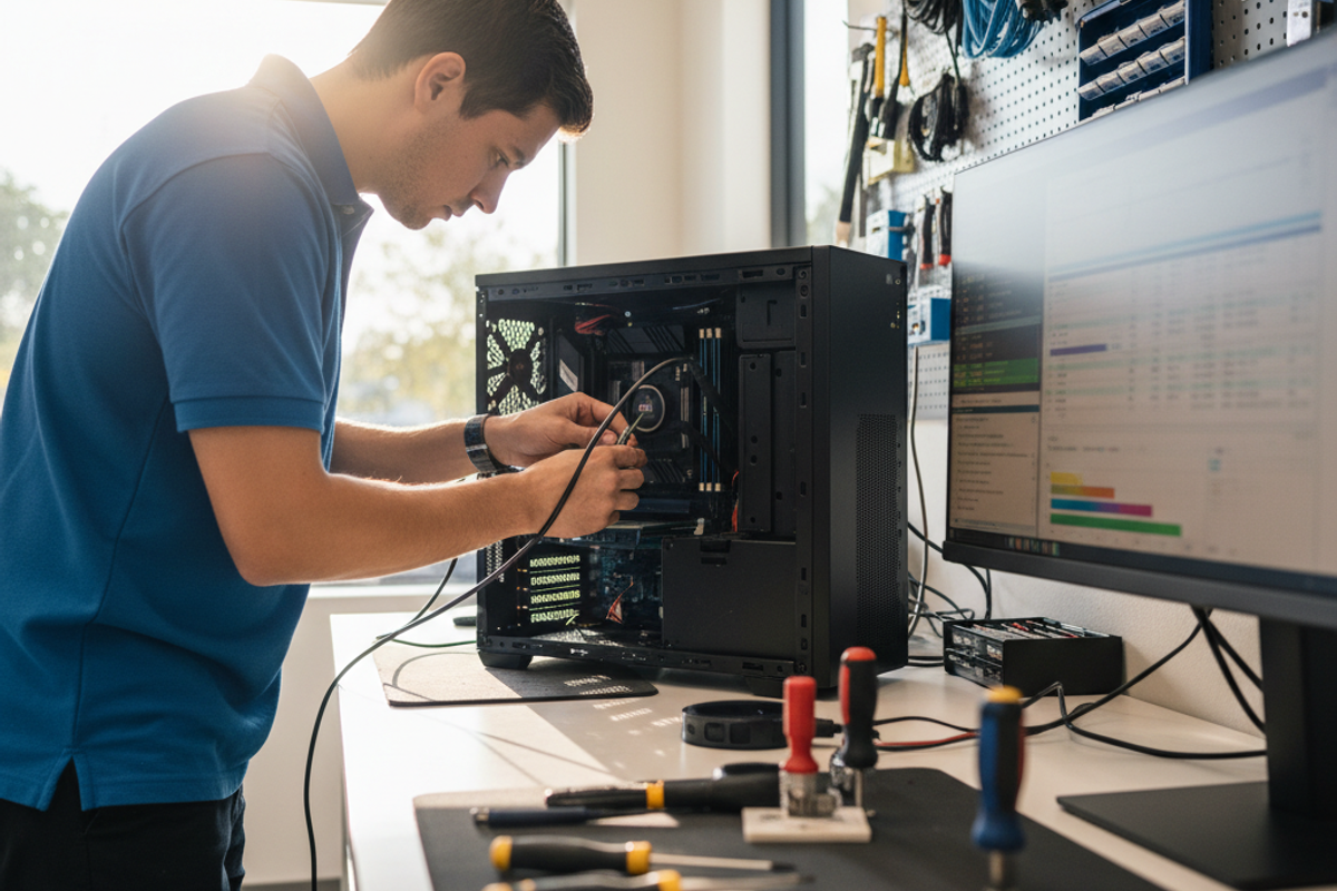 Certified computer repair technician diagnosing a desktop PC at Fix My PC Store in Palm Beach County