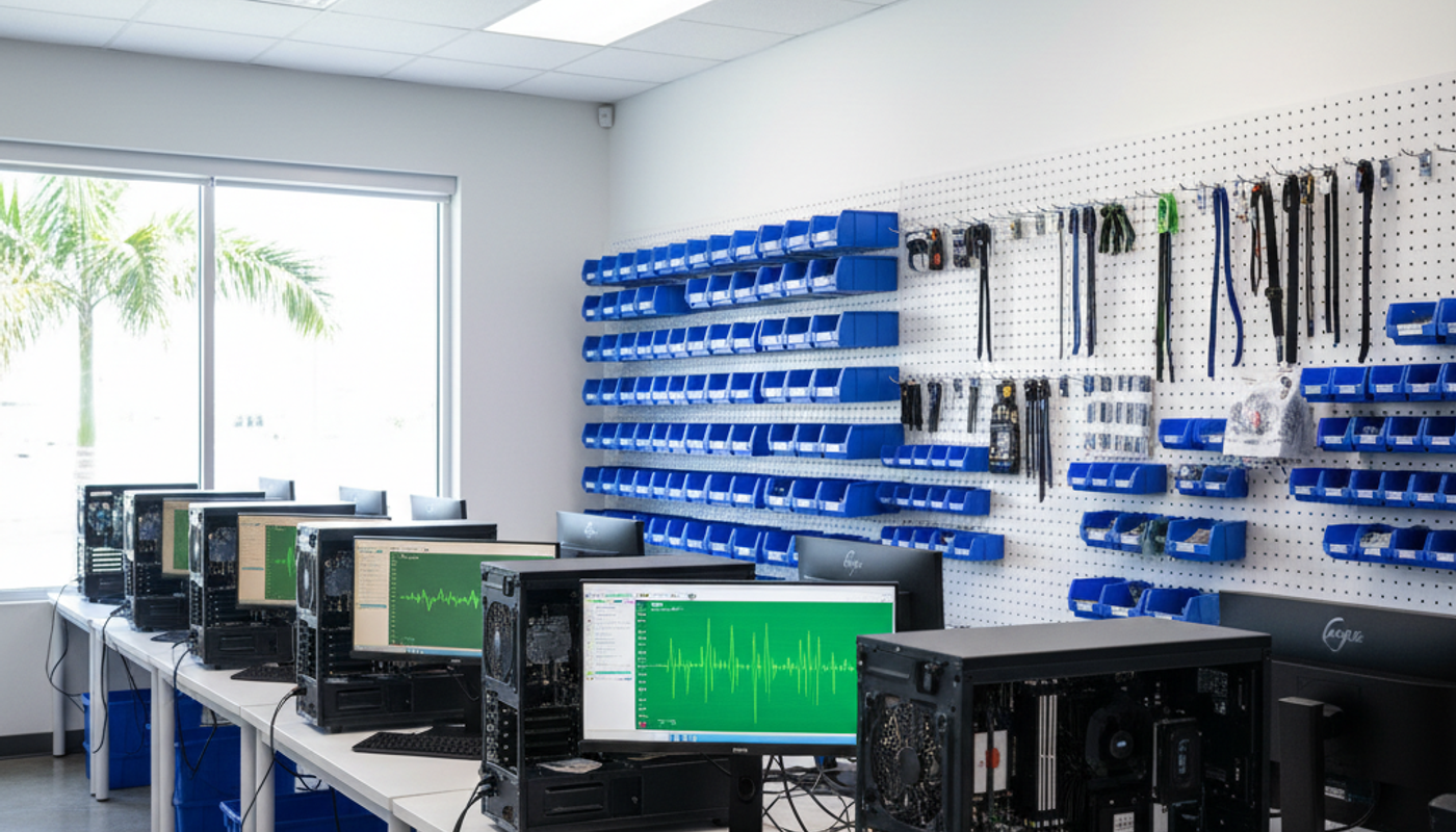 Professional computer repair workshop at Fix My PC Store serving Palm Beach County with organized workstations and expert technicians
