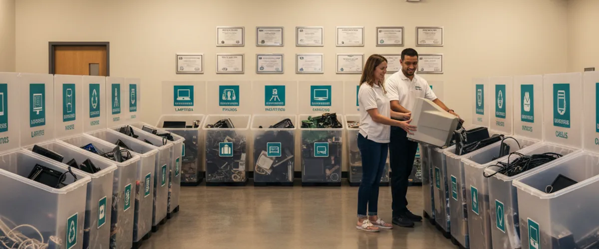Organized electronics recycling area at Fix My PC Store — responsible e-waste disposal in West Palm Beach