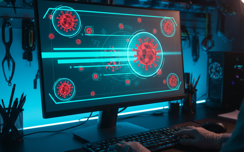 Cybersecurity technician running live malware scan and threat detection on dual monitors in Palm Beach County