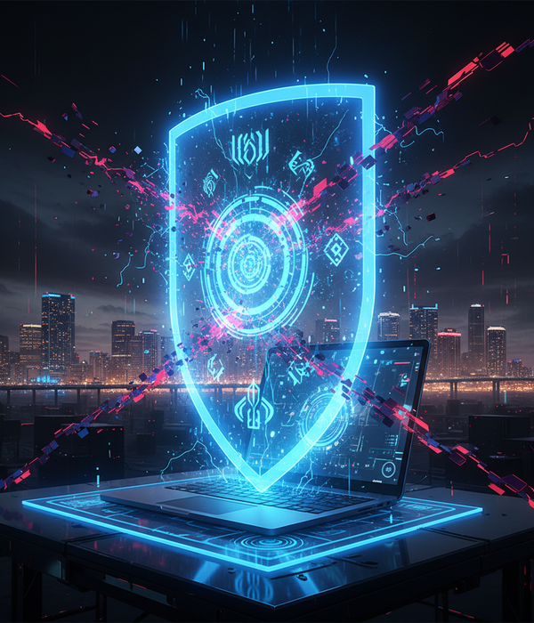 Digital security shield blocking malware and virus threats — professional virus removal in Palm Beach County