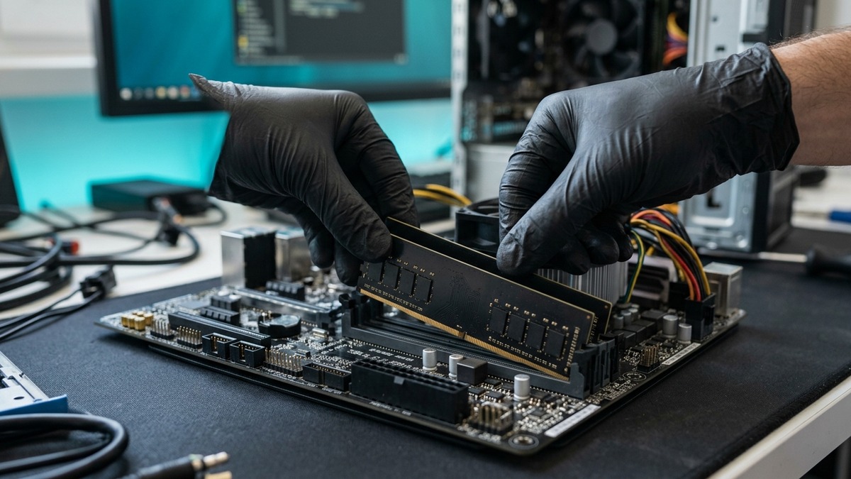 Close-up of RAM module being installed in a modern desktop computer during a memory upgrade for improved PC performance in 2025.
