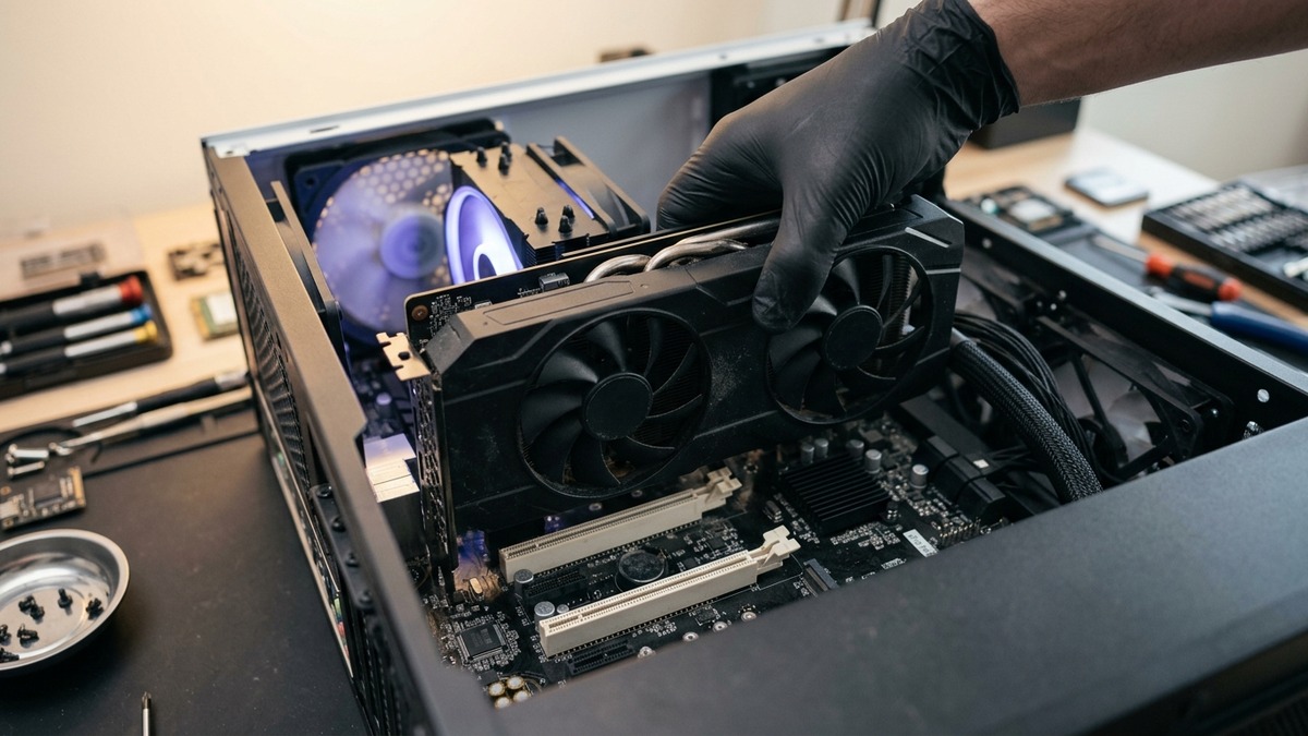 Professional technician upgrading a computer's graphics card for advanced performance and smooth multitasking in a 2025 PC.