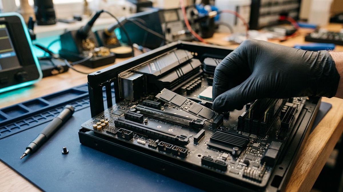 Technician installing an SSD drive to boost PC speed and performance in 2025, illustrating a professional hardware upgrade procedure.